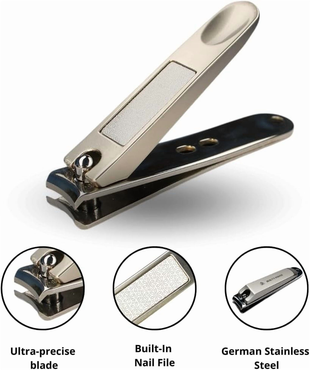 Beauty Power Manicure Pedicure Set 7-in-1 Stainless Steel, Ultra Sharp, Slanted Nail Clipper, Fingernail Clipper, Cuticle Nipper, Glass Nail File, Eyebrow Tweezers, Scissors, Case – Gift (Matte Gray)