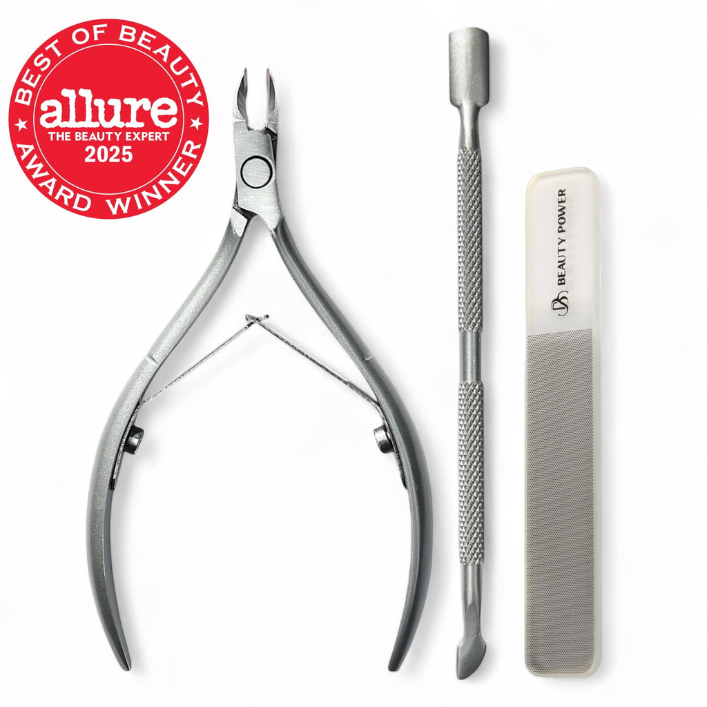 Beauty Power Manicure Pedicure Set 7-in-1 Stainless Steel, Ultra Sharp, Slanted Nail Clipper, Fingernail Clipper, Cuticle Nipper, Glass Nail File, Eyebrow Tweezers, Scissors, Case – Gift (Matte Gray)