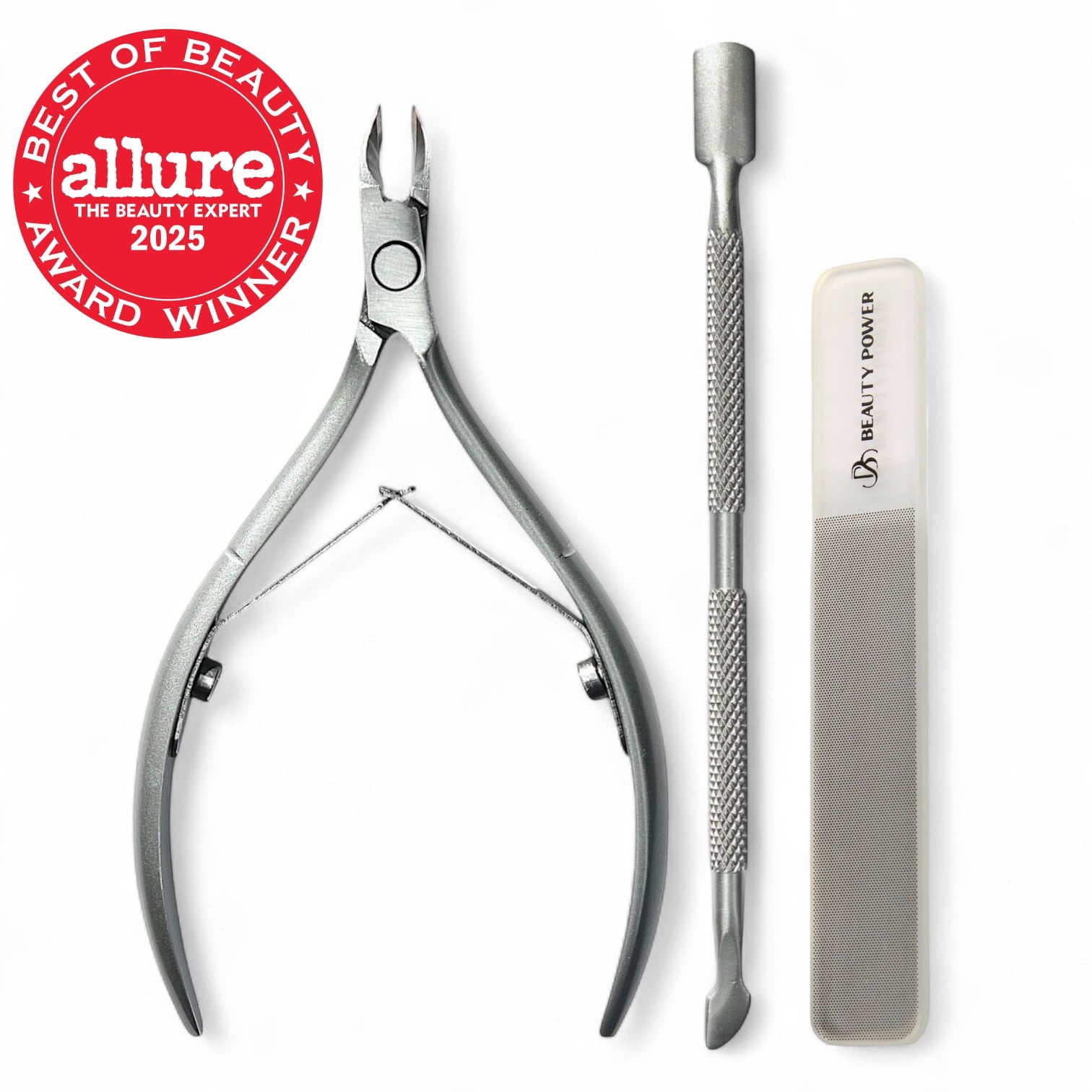 Beauty Power Manicure Pedicure Set 7-in-1 Stainless Steel, Ultra Sharp, Slanted Nail Clipper, Fingernail Clipper, Cuticle Nipper, Glass Nail File, Eyebrow Tweezers, Scissors, Case – Gift (Matte Gray)