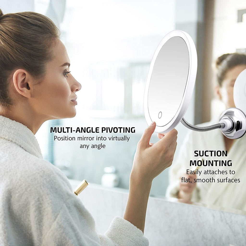 Flexible Gooseneck LED Lighted 10X 6.7" Magnifying Makeup Mirror, Power Locking Suction Cup, 360 Degree Swivel, Portable Cordless Travel and Home Bathroom Vanity Mirror