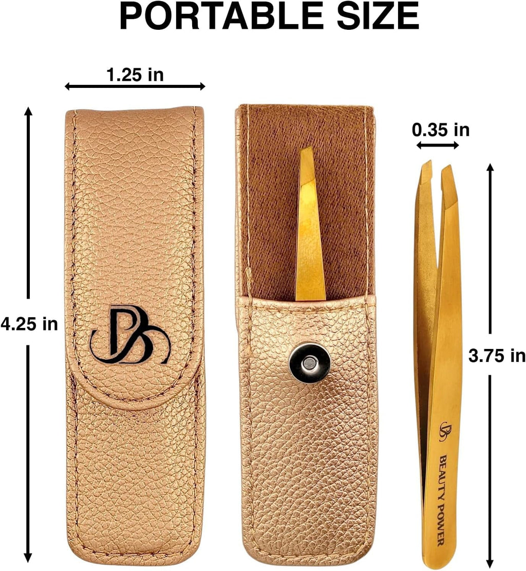 Beauty Power Professional Tweezers in Case - Slant, Durable Lightweight German Stainless Steel, Ultra Precision Tweezers for Eyebrows, Facial Hair, Chin, and Ingrown Hair Removal - Gift (Gold)