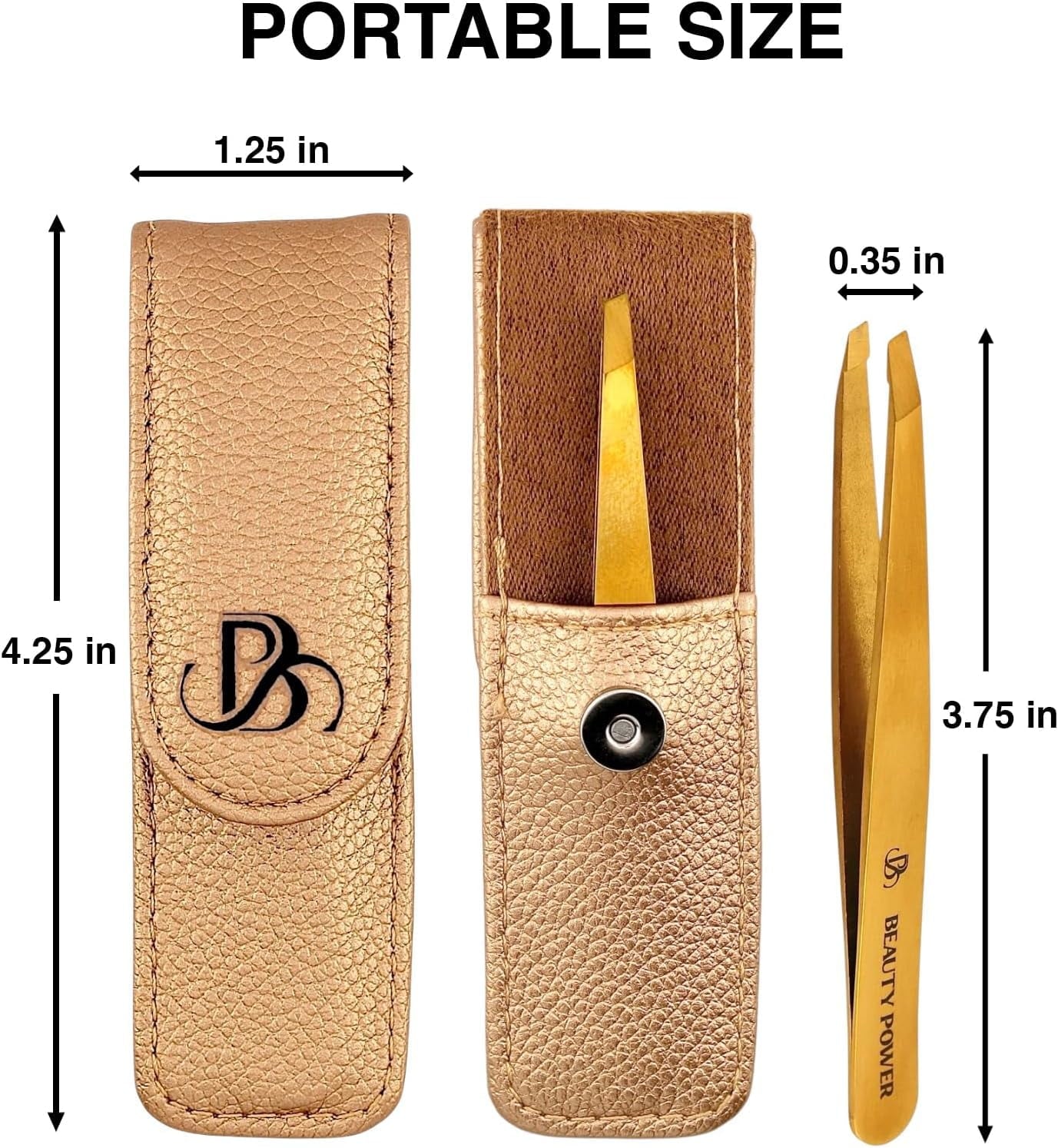 Beauty Power Professional Tweezers in Case - Slant, Durable Lightweight German Stainless Steel, Ultra Precision Tweezers for Eyebrows, Facial Hair, Chin, and Ingrown Hair Removal - Gift (Gold)