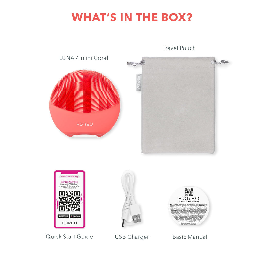 FOREO LUNA 4 Mini – Pearl Pink Silicone Facial Cleansing Brush with T-Sonic Pulsations - Coral