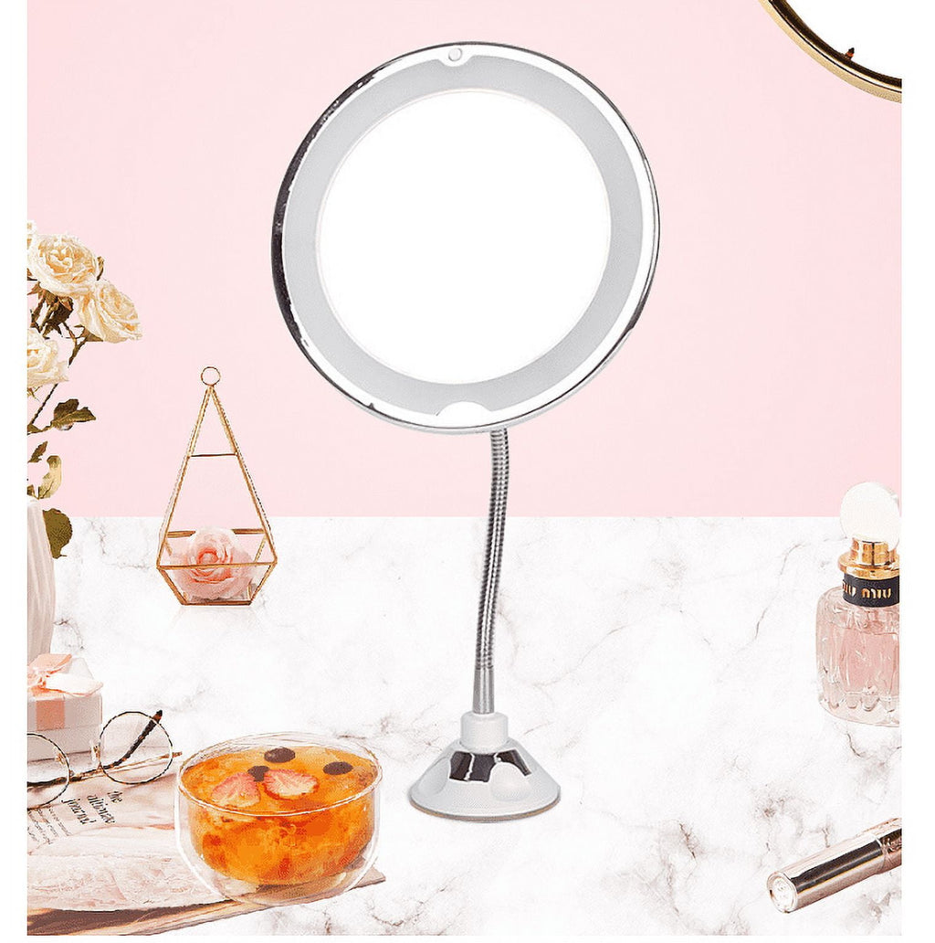 Flexible Gooseneck LED Lighted 10X 6.7" Magnifying Makeup Mirror, Power Locking Suction Cup, 360 Degree Swivel, Portable Cordless Travel and Home Bathroom Vanity Mirror