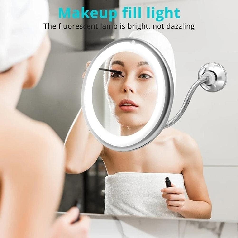 Flexible Gooseneck LED Lighted 10X 6.7" Magnifying Makeup Mirror, Power Locking Suction Cup, 360 Degree Swivel, Portable Cordless Travel and Home Bathroom Vanity Mirror