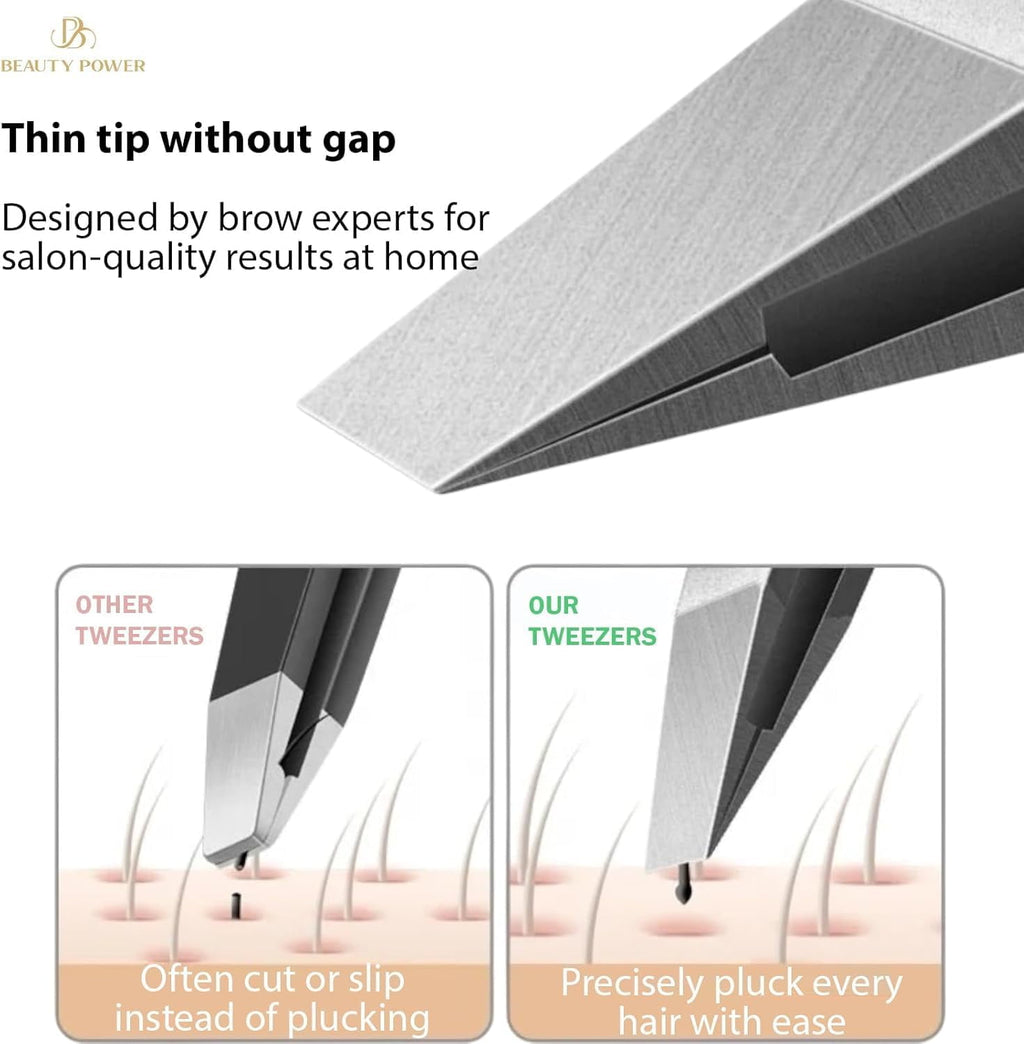 Beauty Power Professional Tweezers in Case - Slant, Durable Lightweight German Stainless Steel, Ultra Precision Tweezers for Eyebrows, Facial Hair, Chin, and Ingrown Hair Removal - Gift (Gold)