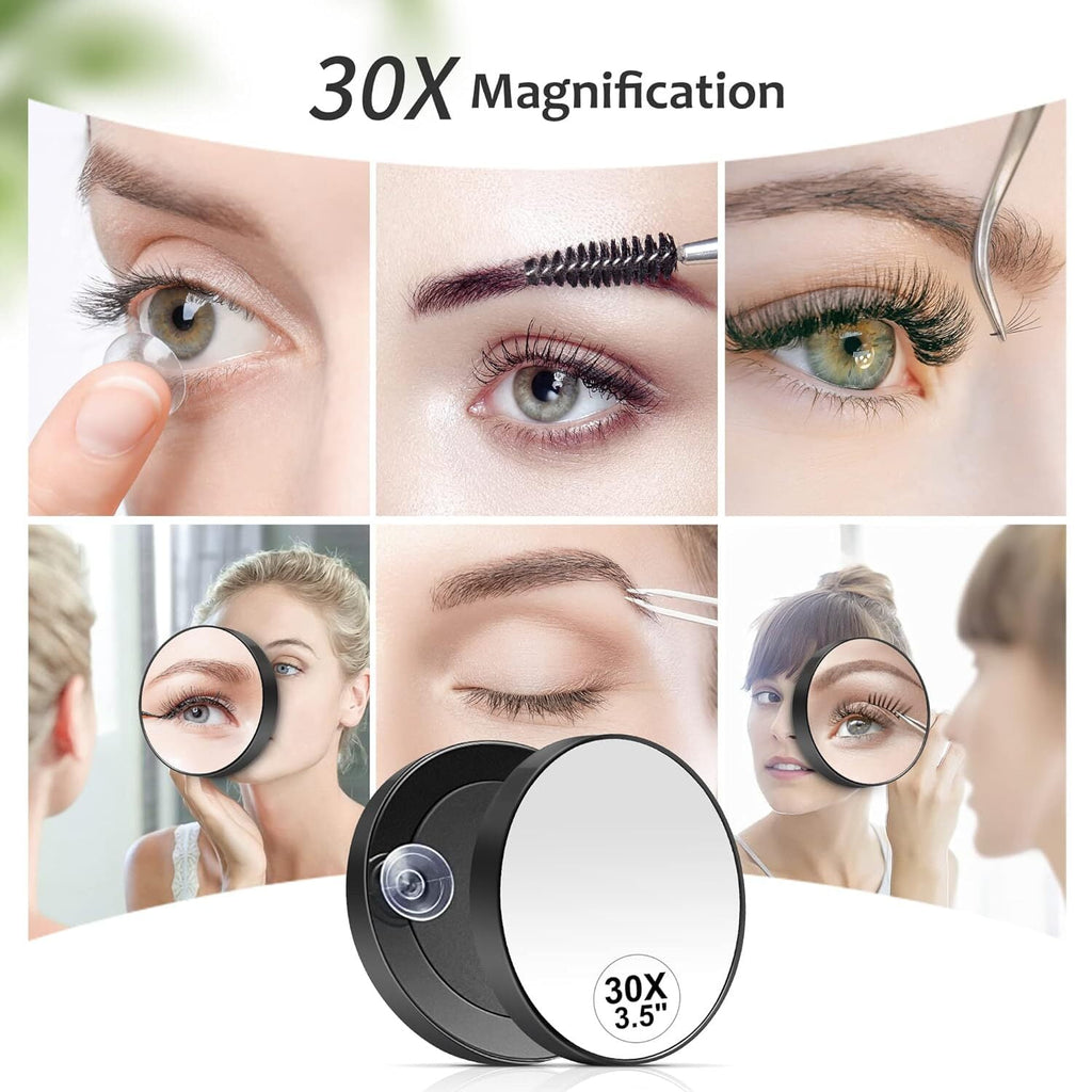 HTSQYL 30X Magnifying Mirror with 2 Suction Cups, 3.5 inches Magnified Makeup Mirror and Slant Tweezers,Black，1PC