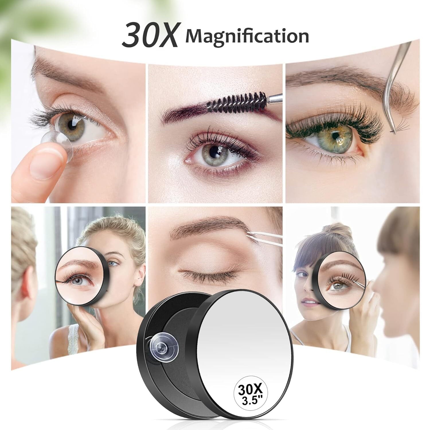 HTSQYL 30X Magnifying Mirror with 2 Suction Cups, 3.5 inches Magnified Makeup Mirror and Slant Tweezers,Black，1PC