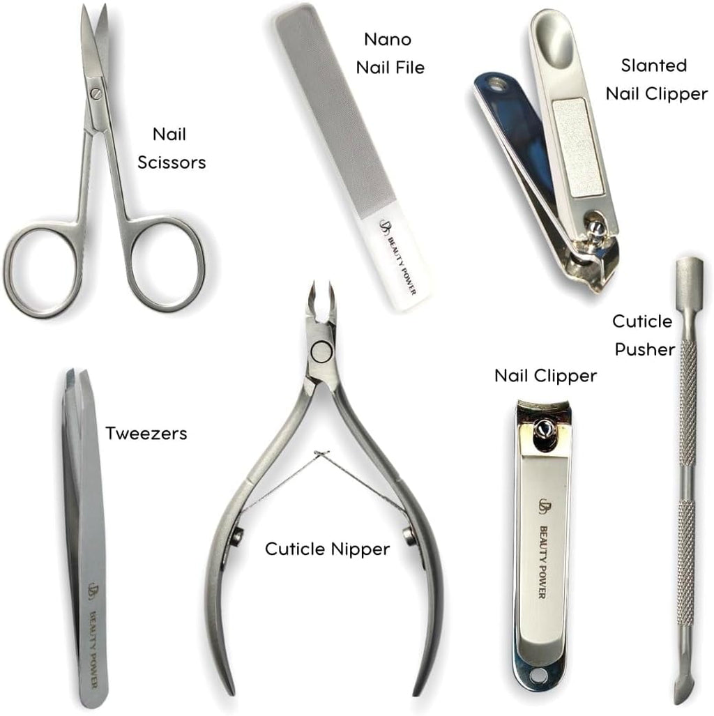 Beauty Power Manicure Pedicure Set 7-in-1 Stainless Steel, Ultra Sharp, Slanted Nail Clipper, Fingernail Clipper, Cuticle Nipper, Glass Nail File, Eyebrow Tweezers, Scissors, Case – Gift (Matte Gray)