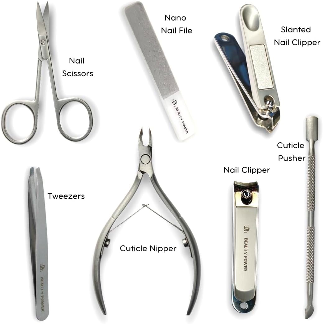 Beauty Power Manicure Pedicure Set 7-in-1 Stainless Steel, Ultra Sharp, Slanted Nail Clipper, Fingernail Clipper, Cuticle Nipper, Glass Nail File, Eyebrow Tweezers, Scissors, Case – Gift (Matte Gray)