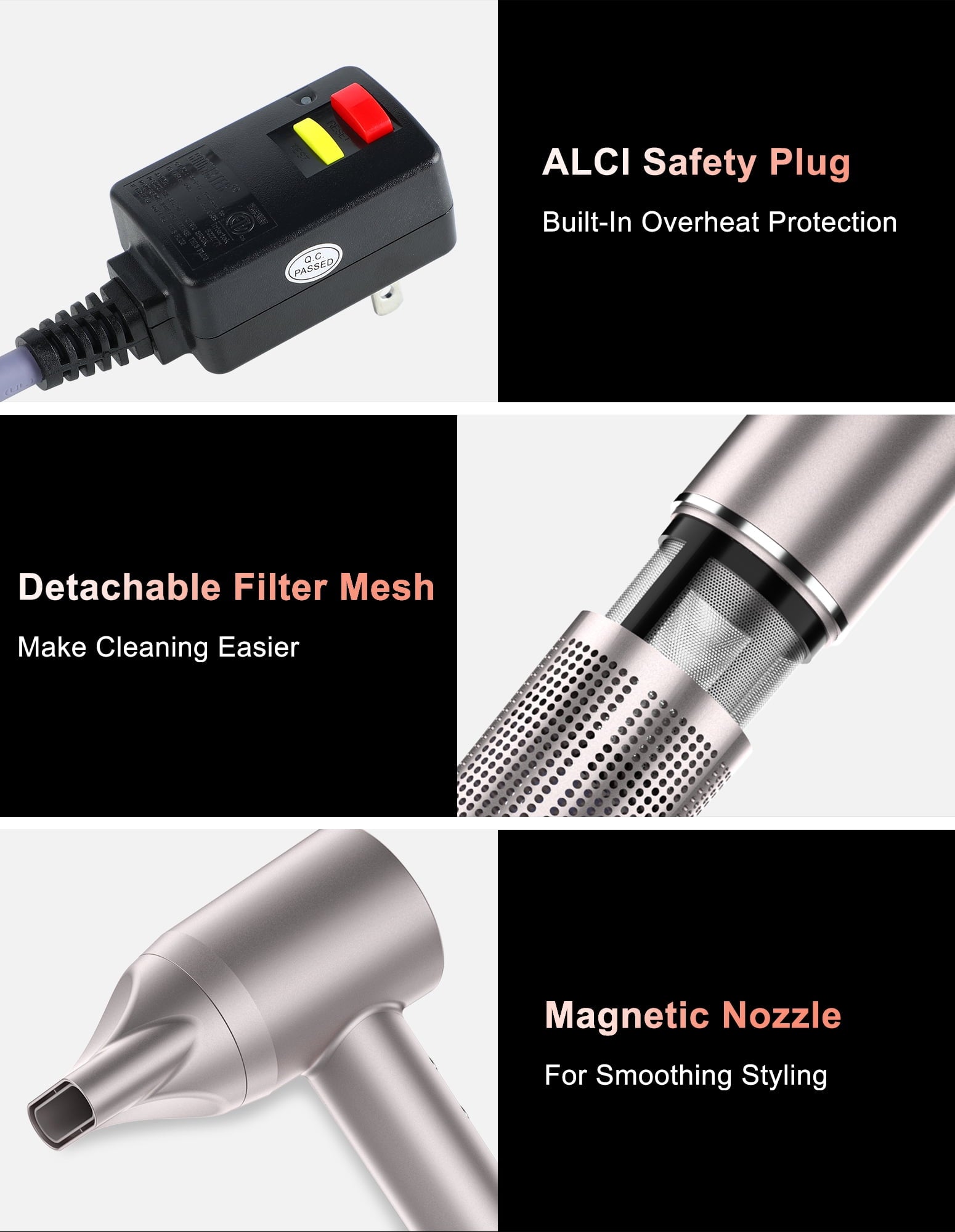 Professional Ionic Hair Dryer with Nozzle, 110000RPM Fast Drying Blow Dryer, 2-speed and 4-Heat Settings, Low Noise and Portable Design for Home and Travel