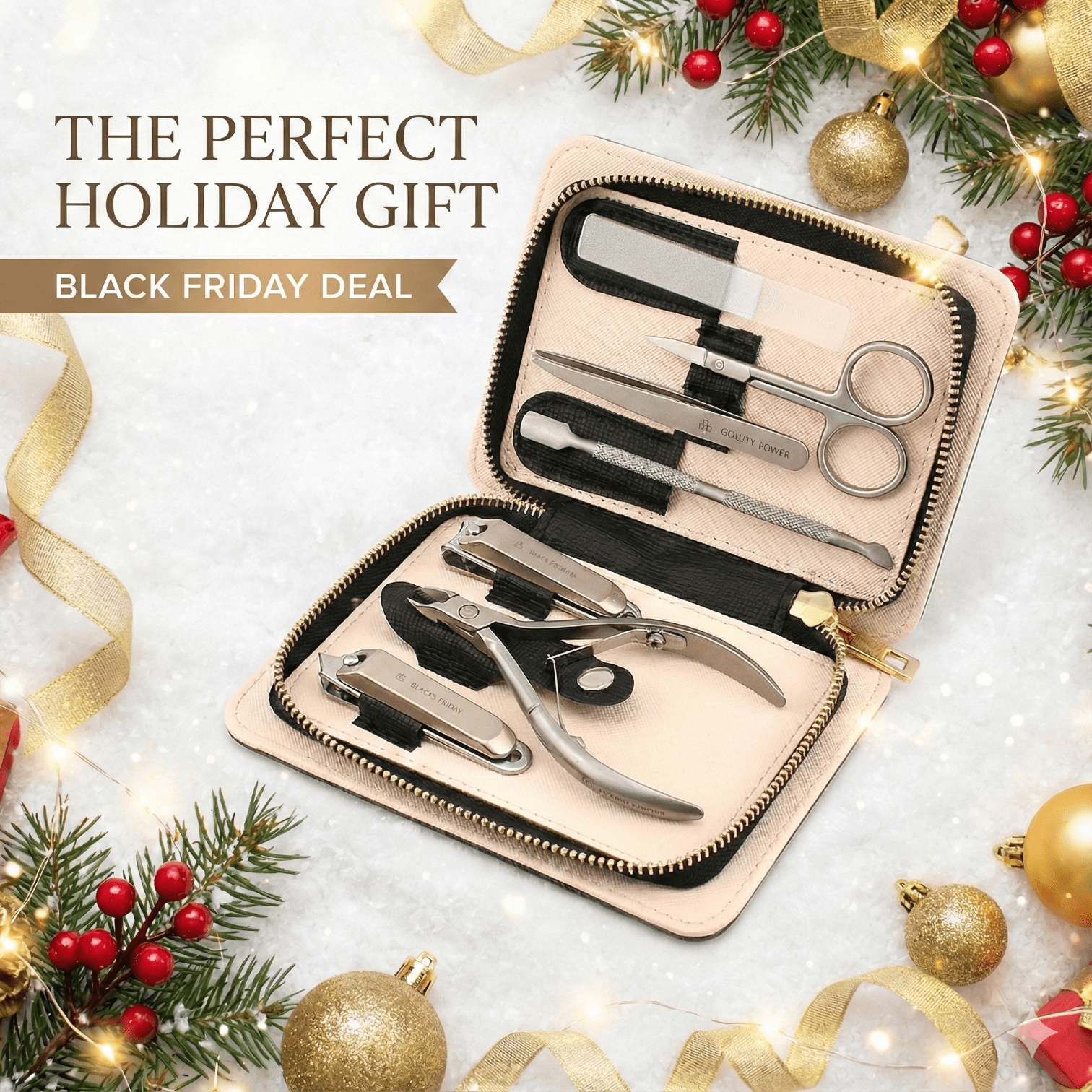 Beauty Power Manicure Pedicure Set 7-in-1 Stainless Steel, Ultra Sharp, Slanted Nail Clipper, Fingernail Clipper, Cuticle Nipper, Glass Nail File, Eyebrow Tweezers, Scissors, Case – Gift (Matte Gray)