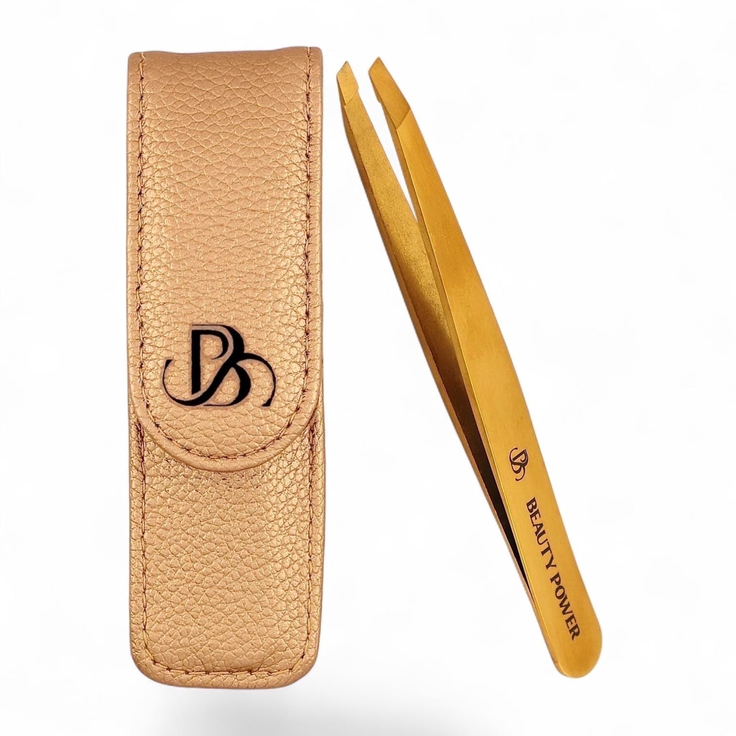 Beauty Power Professional Tweezers in Case - Slant, Durable Lightweight German Stainless Steel, Ultra Precision Tweezers for Eyebrows, Facial Hair, Chin, and Ingrown Hair Removal - Gift (Gold)