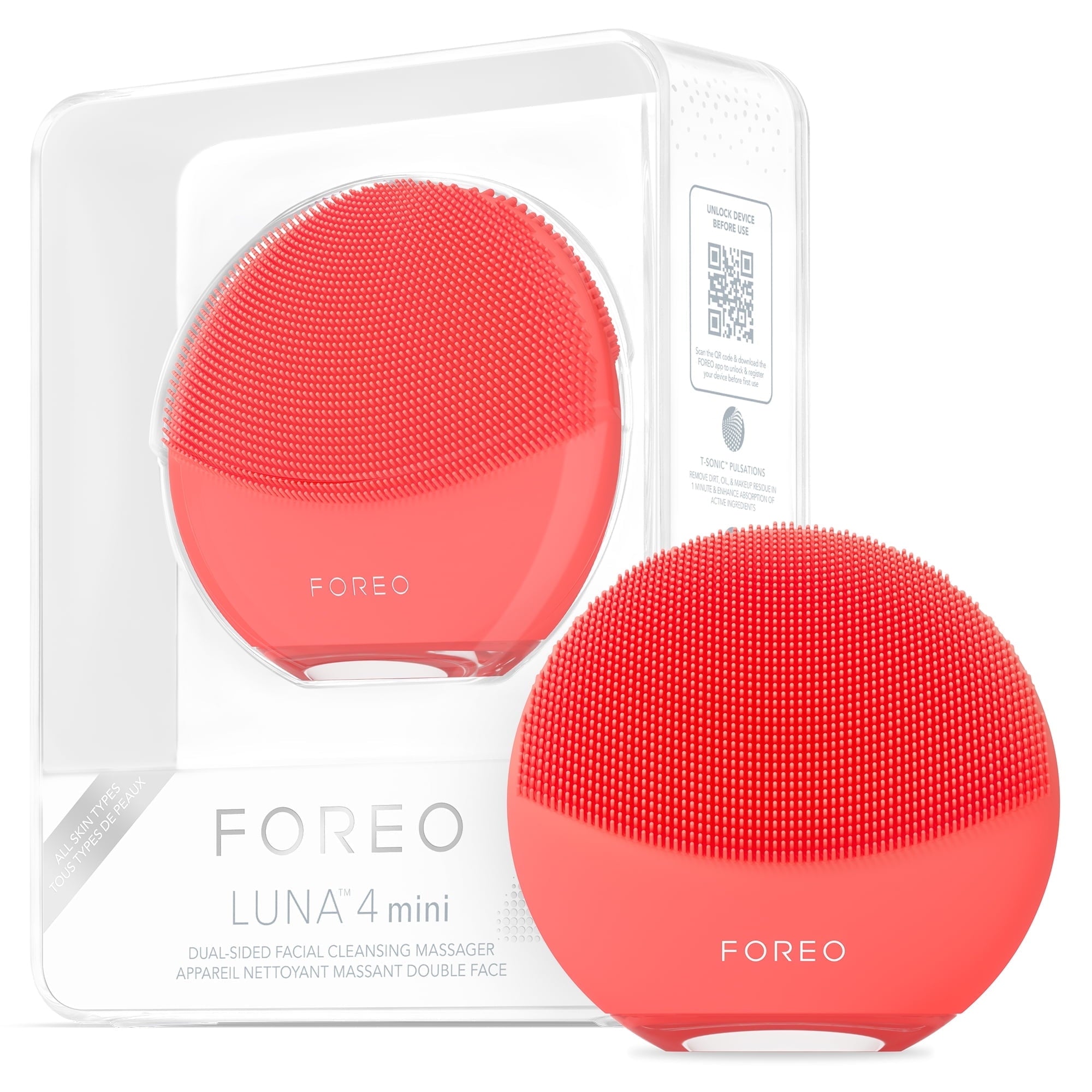 FOREO LUNA 4 Mini – Pearl Pink Silicone Facial Cleansing Brush with T-Sonic Pulsations - Coral
