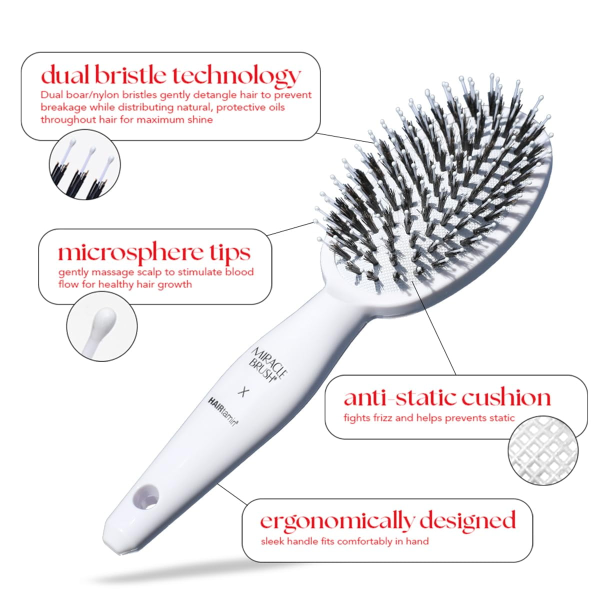 HAIRtamin Miracle Detangling Brush, One Size, White – Gentle Hair Detangler for Adults and Kids