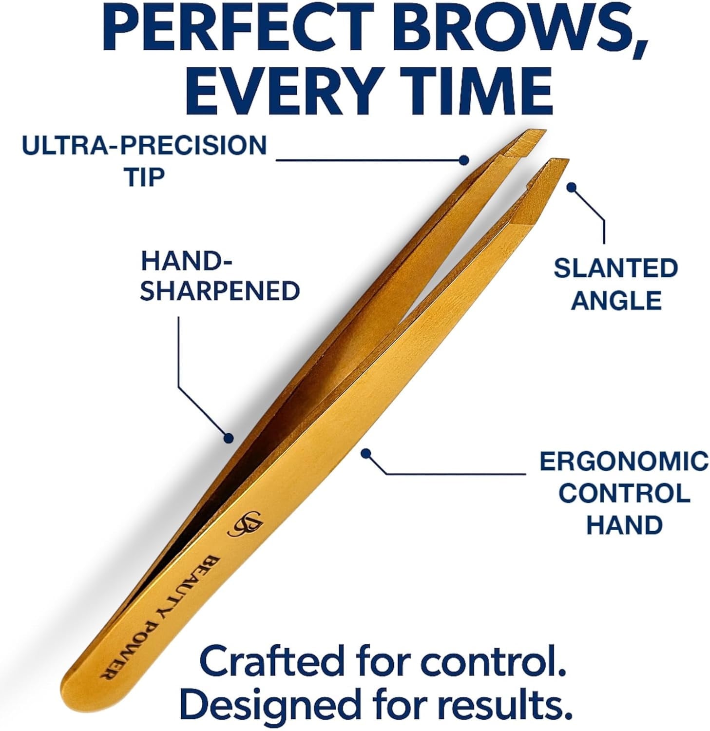 Beauty Power Professional Tweezers in Case - Slant, Durable Lightweight German Stainless Steel, Ultra Precision Tweezers for Eyebrows, Facial Hair, Chin, and Ingrown Hair Removal - Gift (Gold)