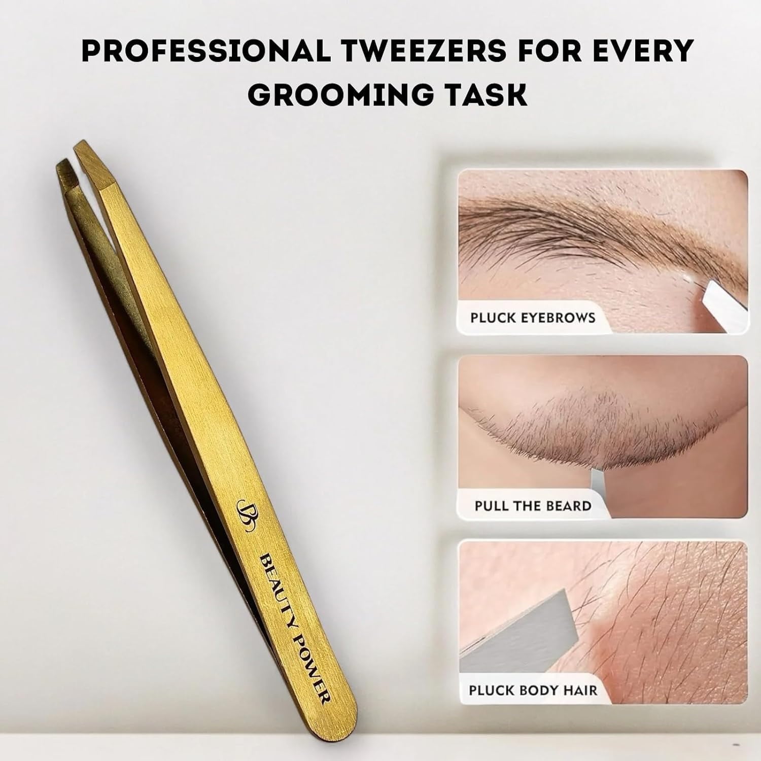 Beauty Power Professional Tweezers in Case - Slant, Durable Lightweight German Stainless Steel, Ultra Precision Tweezers for Eyebrows, Facial Hair, Chin, and Ingrown Hair Removal - Gift (Gold)