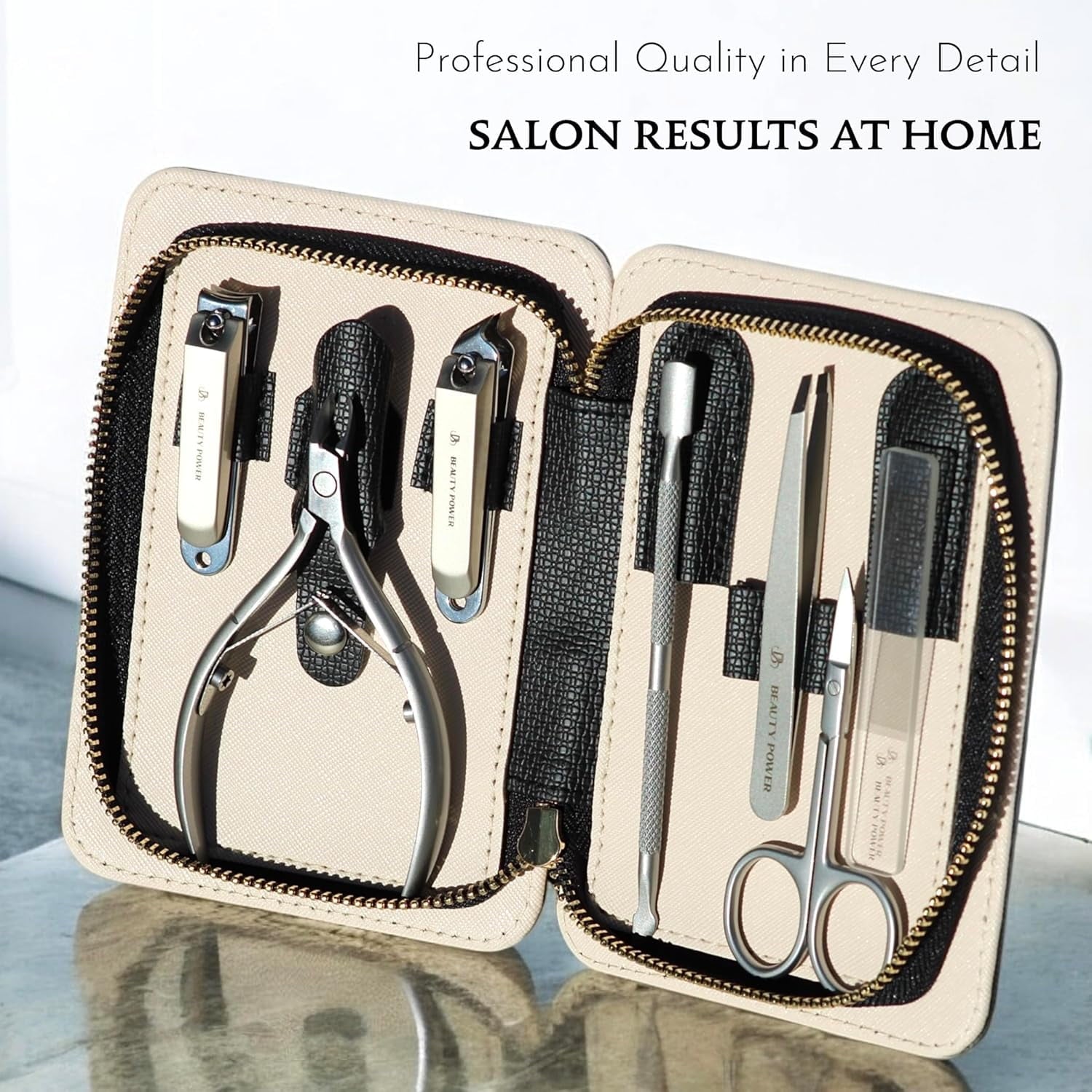 Beauty Power Manicure Pedicure Set 7-in-1 Stainless Steel, Ultra Sharp, Slanted Nail Clipper, Fingernail Clipper, Cuticle Nipper, Glass Nail File, Eyebrow Tweezers, Scissors, Case – Gift (Matte Gray)