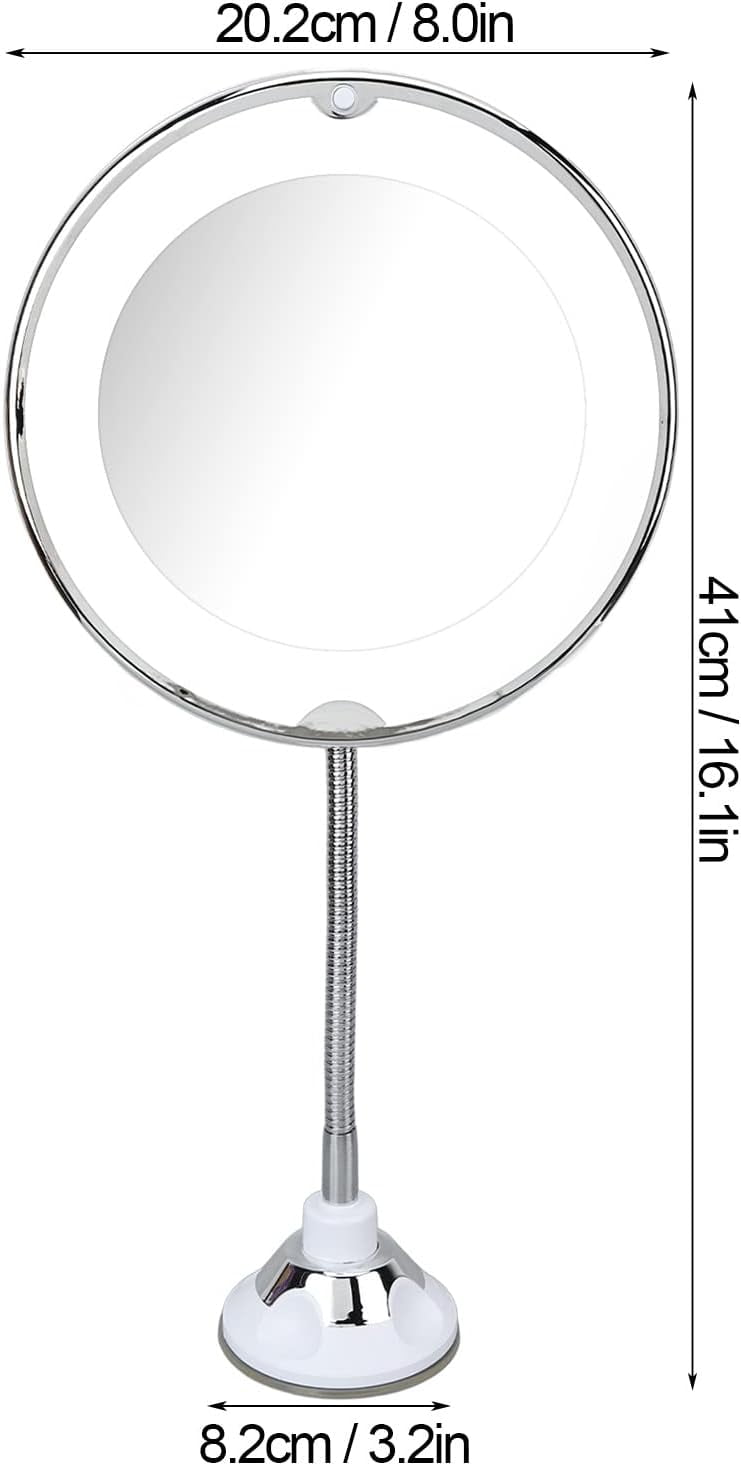 Flexible Gooseneck LED Lighted 10X 6.7" Magnifying Makeup Mirror, Power Locking Suction Cup, 360 Degree Swivel, Portable Cordless Travel and Home Bathroom Vanity Mirror