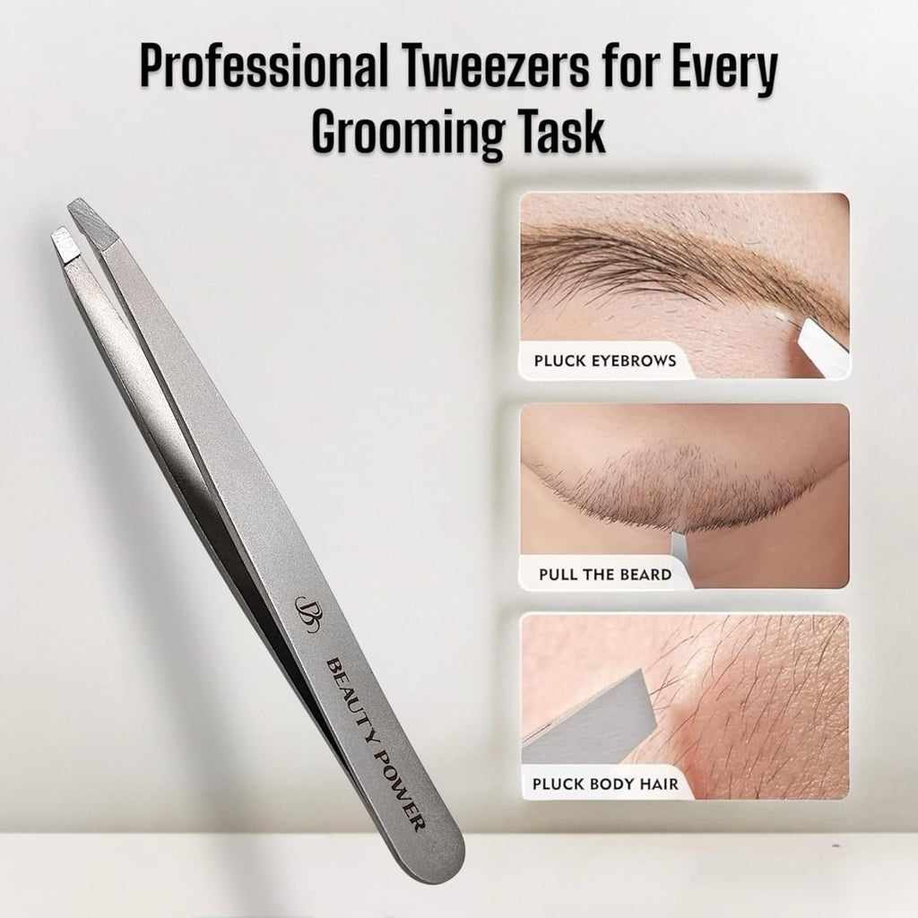 Beauty Power Manicure Pedicure Set 7-in-1 Stainless Steel, Ultra Sharp, Slanted Nail Clipper, Fingernail Clipper, Cuticle Nipper, Glass Nail File, Eyebrow Tweezers, Scissors, Case – Gift (Matte Gray)