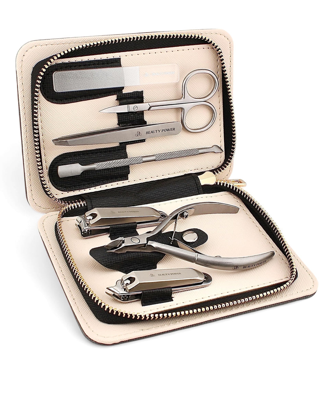 Beauty Power Manicure Pedicure Set 7-in-1 Stainless Steel, Ultra Sharp, Slanted Nail Clipper, Fingernail Clipper, Cuticle Nipper, Glass Nail File, Eyebrow Tweezers, Scissors, Case – Gift (Matte Gray)