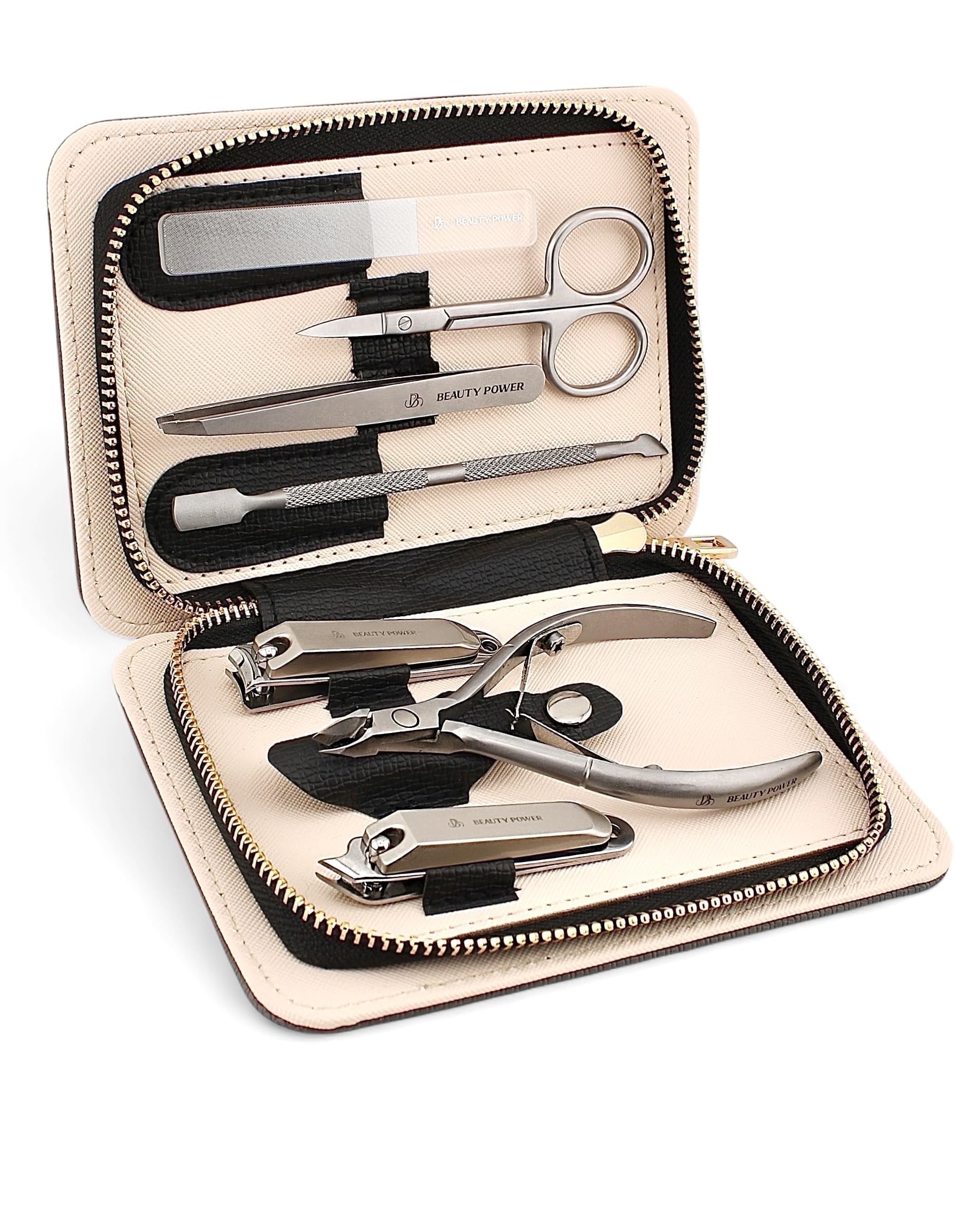 Beauty Power Manicure Pedicure Set 7-in-1 Stainless Steel, Ultra Sharp, Slanted Nail Clipper, Fingernail Clipper, Cuticle Nipper, Glass Nail File, Eyebrow Tweezers, Scissors, Case – Gift (Matte Gray)